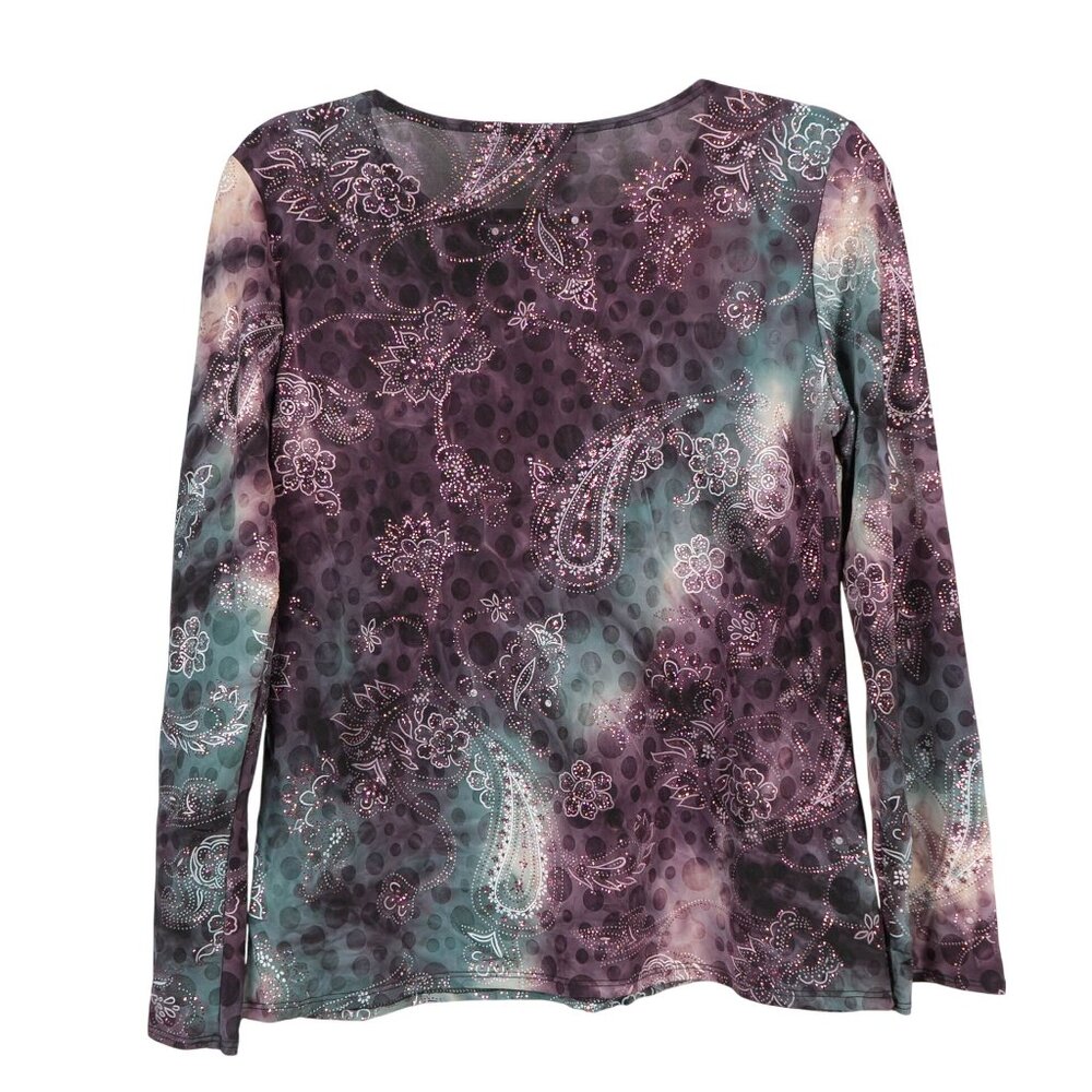 Y2K Hippie Shirt L Paisley Glitter Purple Green Dots Stretch Boho Indie Floral - Picture 5 of 5